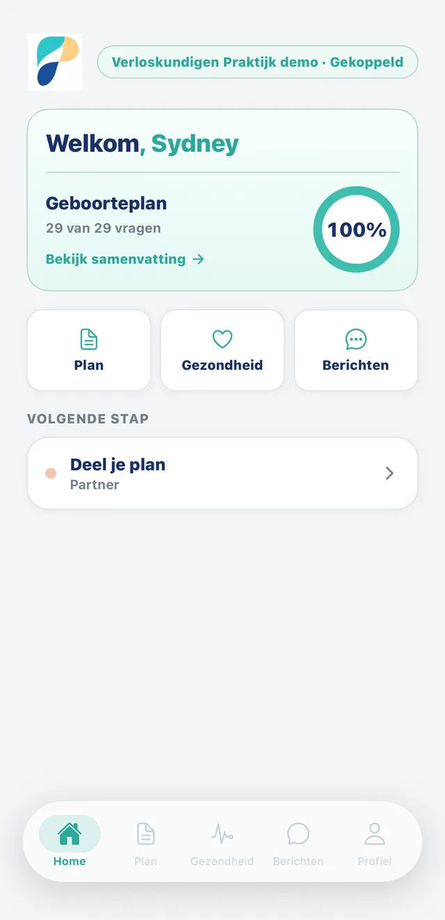 Parivo app-home met voortgang van het geboorteplan