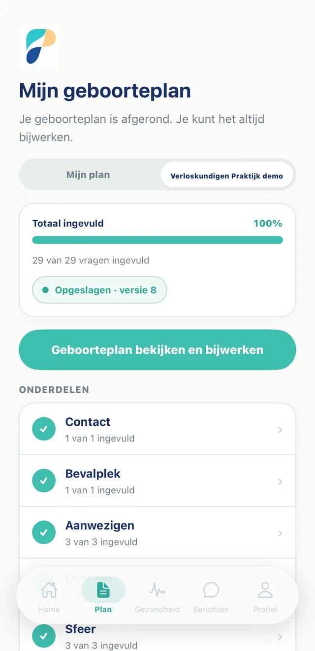 Voortgangsoverzicht van het geboorteplan per onderdeel