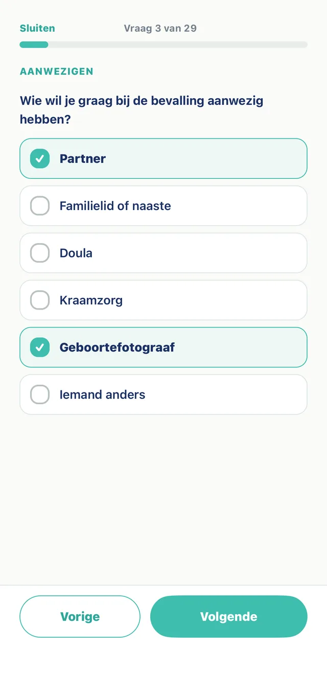 Meerkeuzevraag in de Parivo geboorteplan-app
